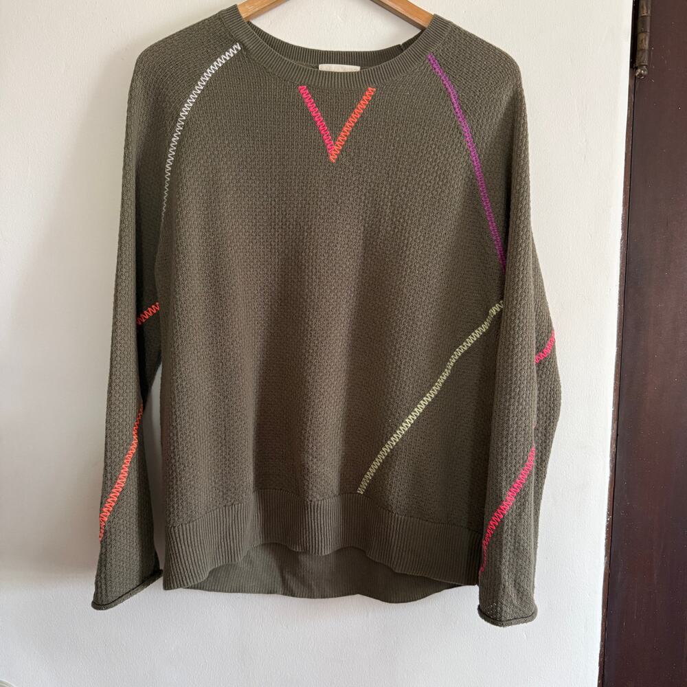 LISA TODD | Olive Green In a Pop Neon Accent Textured Crew Neck Sweater | Small